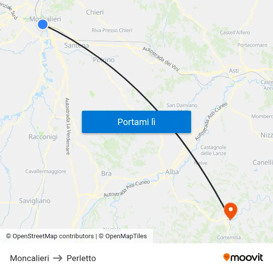 Moncalieri to Perletto map