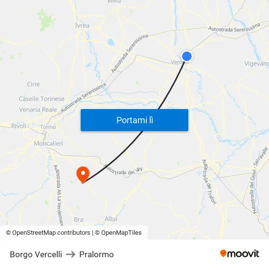Borgo Vercelli to Pralormo map