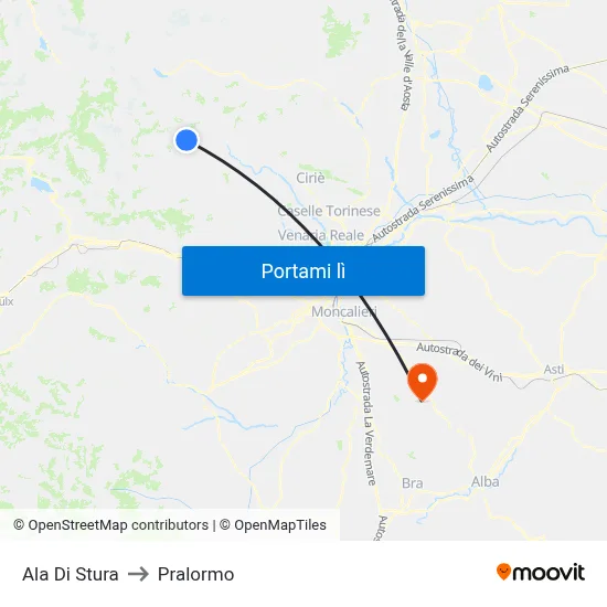Ala Di Stura to Pralormo map
