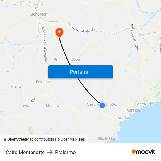 Cairo Montenotte to Pralormo map