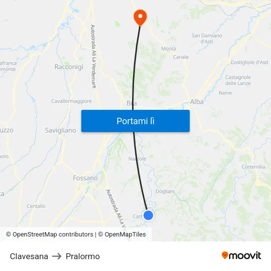 Clavesana to Pralormo map