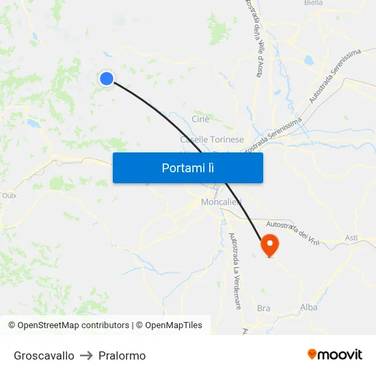 Groscavallo to Pralormo map
