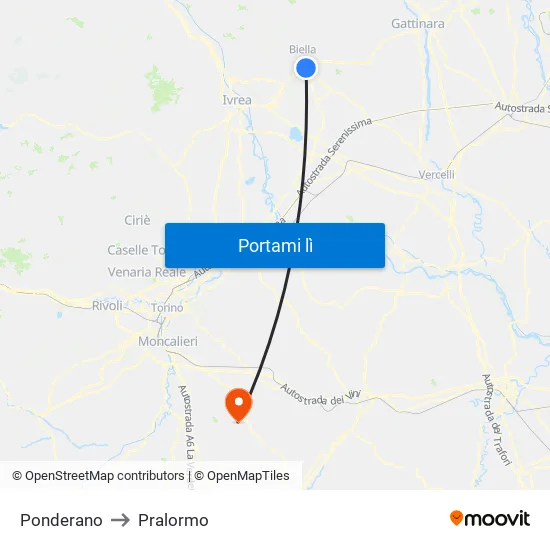 Ponderano to Pralormo map