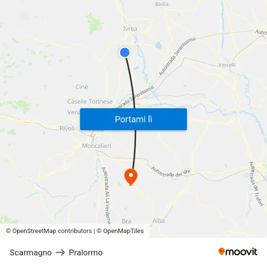 Scarmagno to Pralormo map