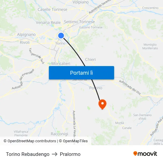 Torino Rebaudengo to Pralormo map