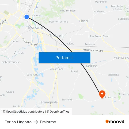 Torino Lingotto to Pralormo map