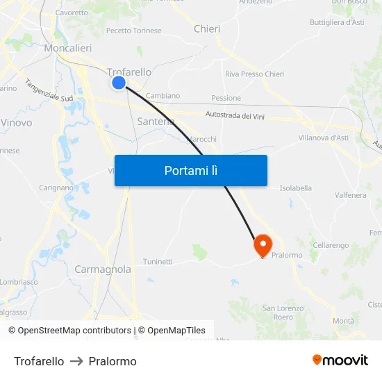Trofarello to Pralormo map