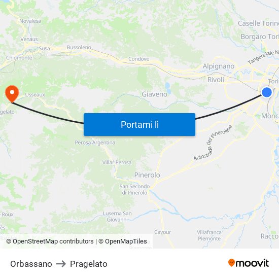 Orbassano to Pragelato map