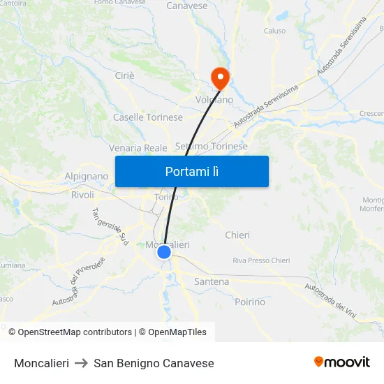 Moncalieri to San Benigno Canavese map