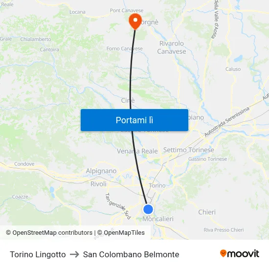 Torino Lingotto to San Colombano Belmonte map