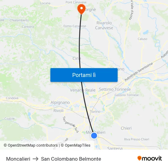 Moncalieri to San Colombano Belmonte map