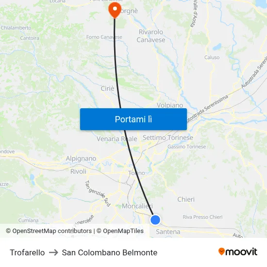Trofarello to San Colombano Belmonte map