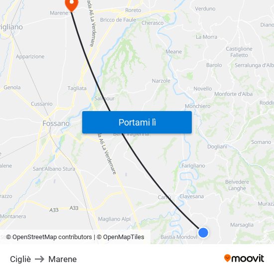 Cigliè to Marene map