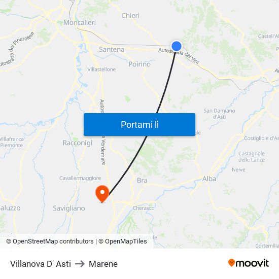 Villanova D' Asti to Marene map