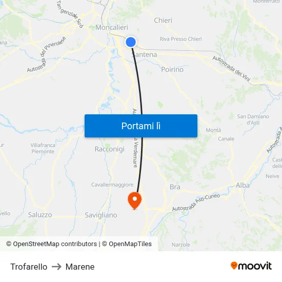 Trofarello to Marene map