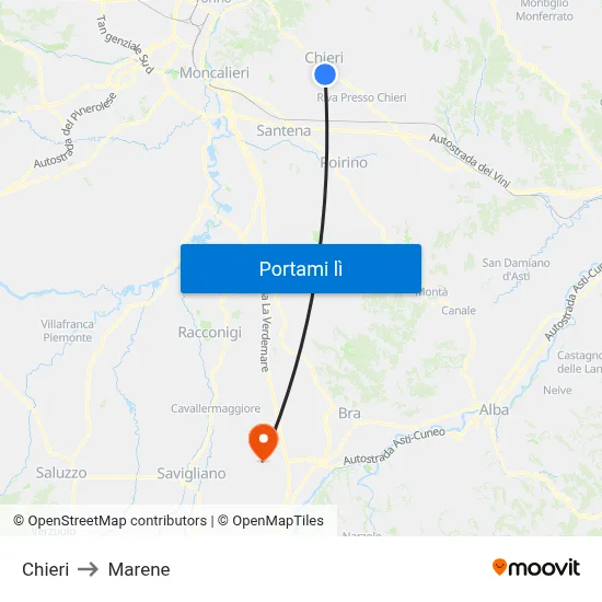 Chieri to Marene map
