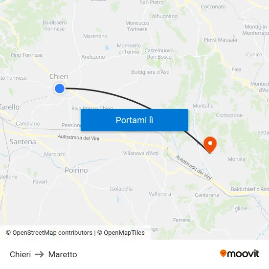 Chieri to Maretto map