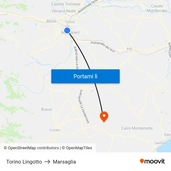Torino Lingotto to Marsaglia map