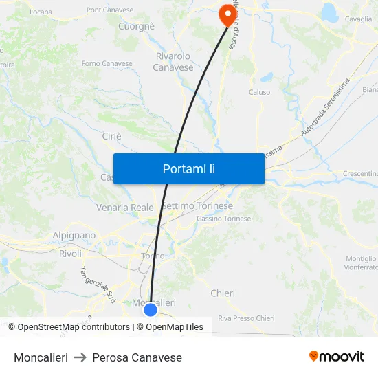 Moncalieri to Perosa Canavese map