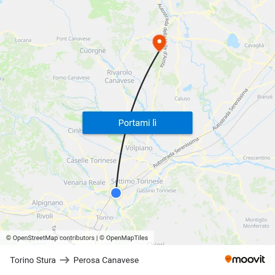 Torino Stura to Perosa Canavese map