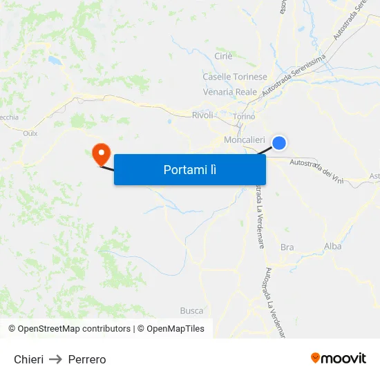 Chieri to Perrero map
