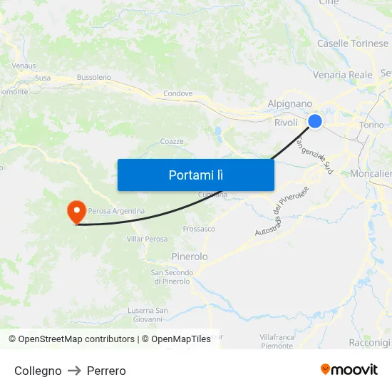 Collegno to Perrero map
