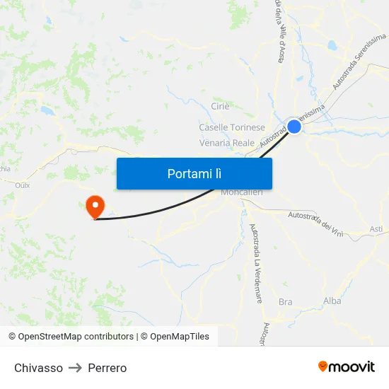Chivasso to Perrero map