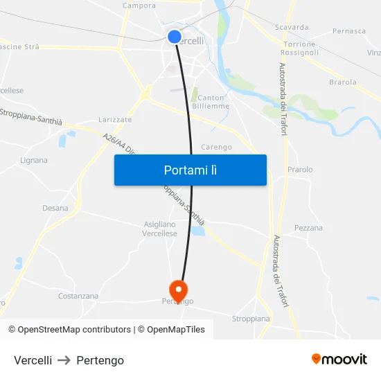 Vercelli to Pertengo map