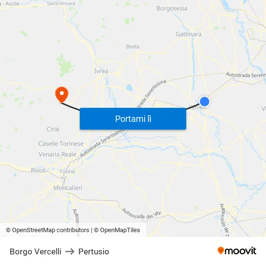 Borgo Vercelli to Pertusio map
