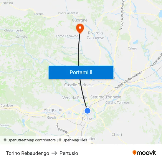 Torino Rebaudengo to Pertusio map