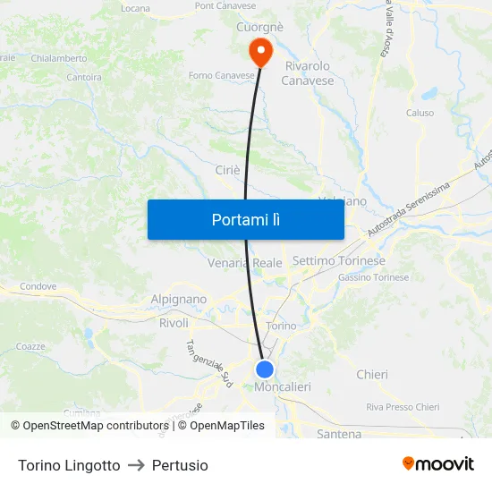 Torino Lingotto to Pertusio map