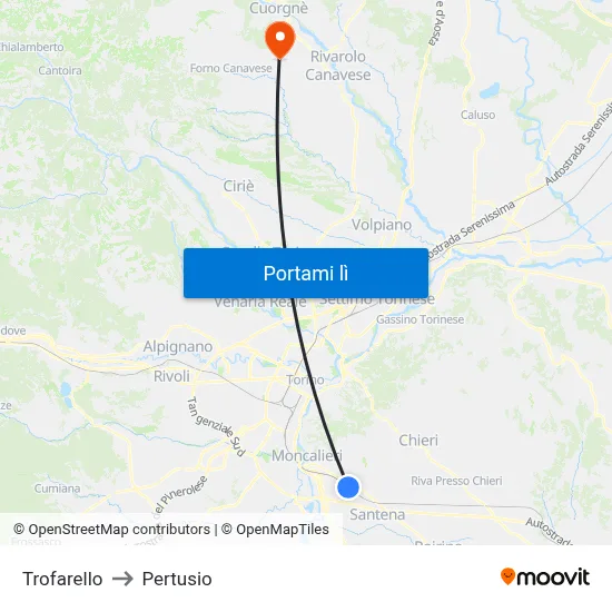 Trofarello to Pertusio map