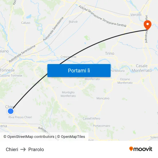 Chieri to Prarolo map