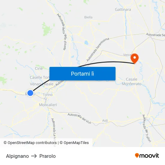 Alpignano to Prarolo map