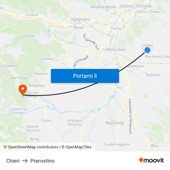Chieri to Prarostino map