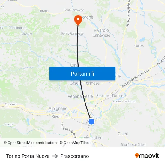 Torino Porta Nuova to Prascorsano map