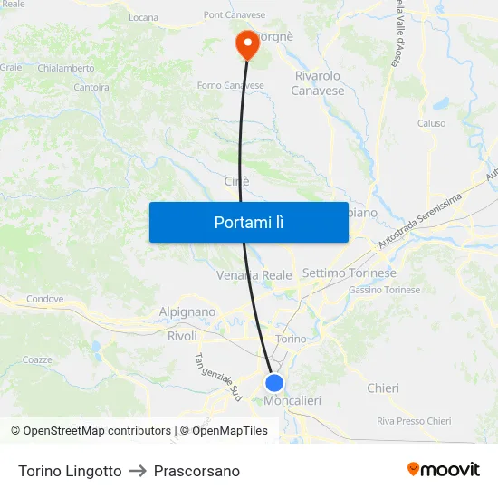 Torino Lingotto to Prascorsano map