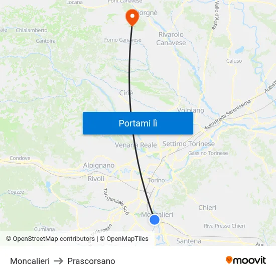 Moncalieri to Prascorsano map