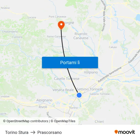 Torino Stura to Prascorsano map