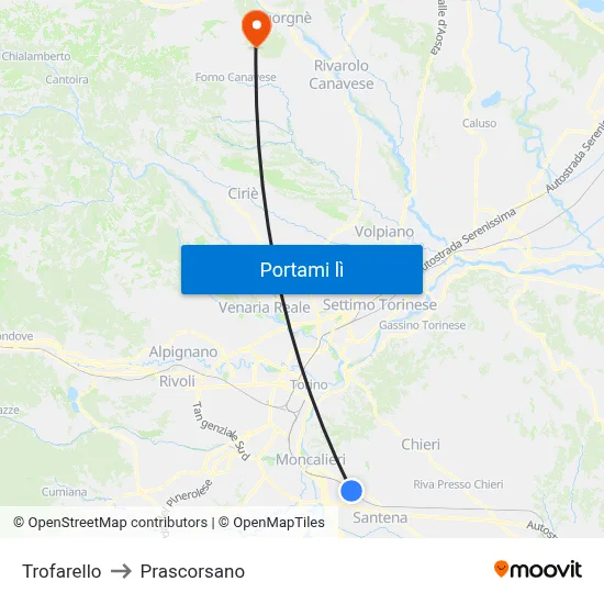 Trofarello to Prascorsano map