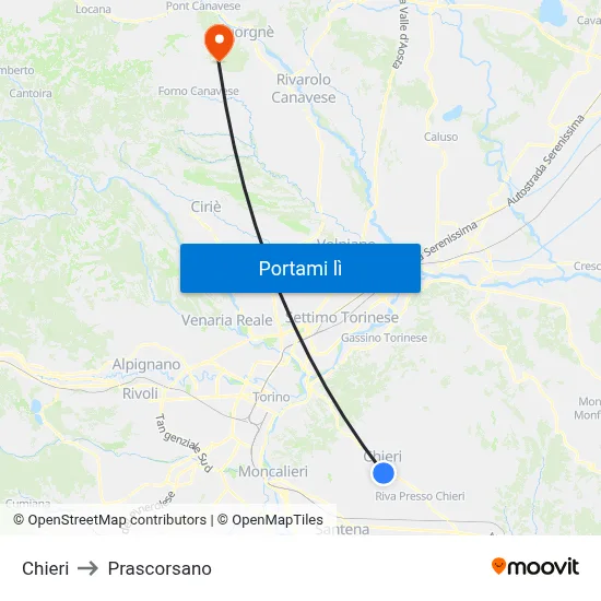 Chieri to Prascorsano map