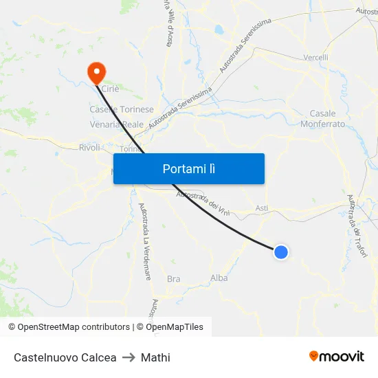 Castelnuovo Calcea to Mathi map