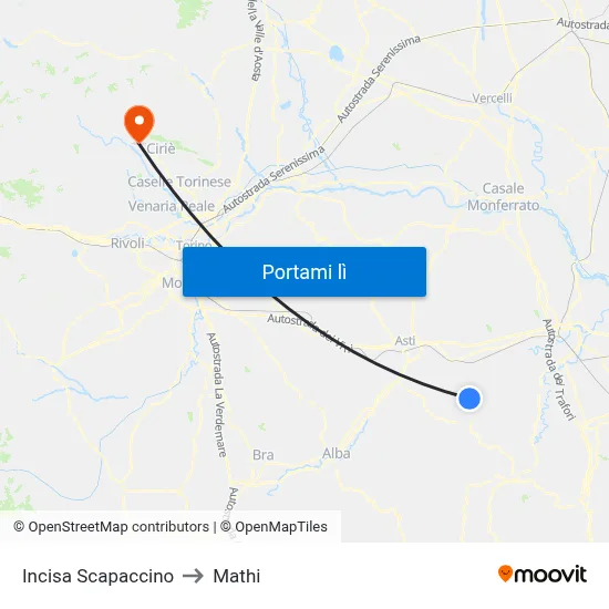 Incisa Scapaccino to Mathi map