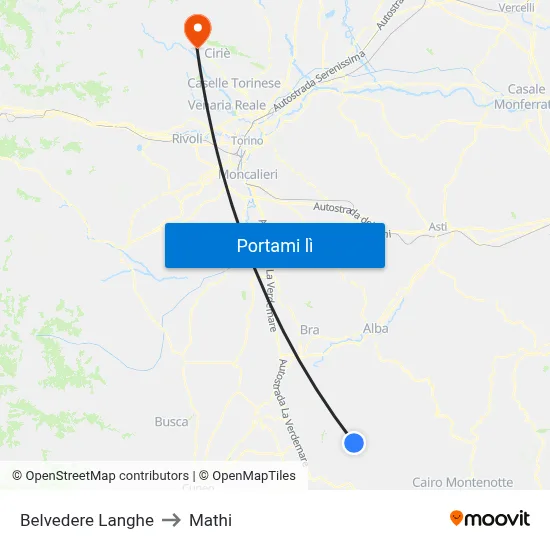 Belvedere Langhe to Mathi map