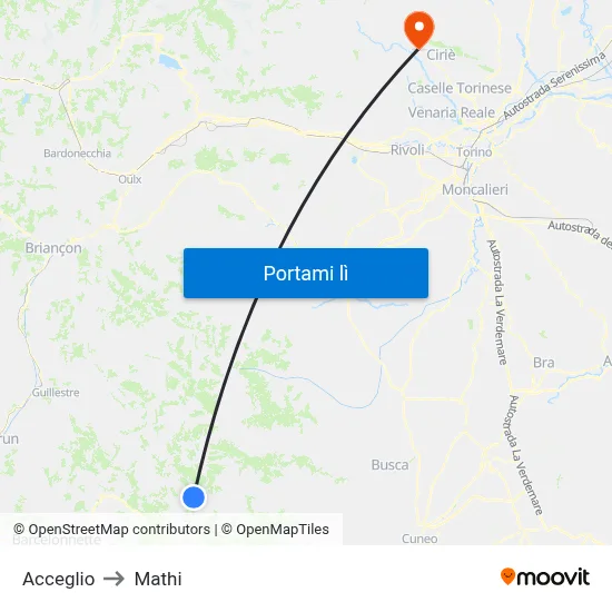 Acceglio to Mathi map