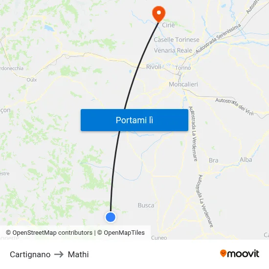 Cartignano to Mathi map