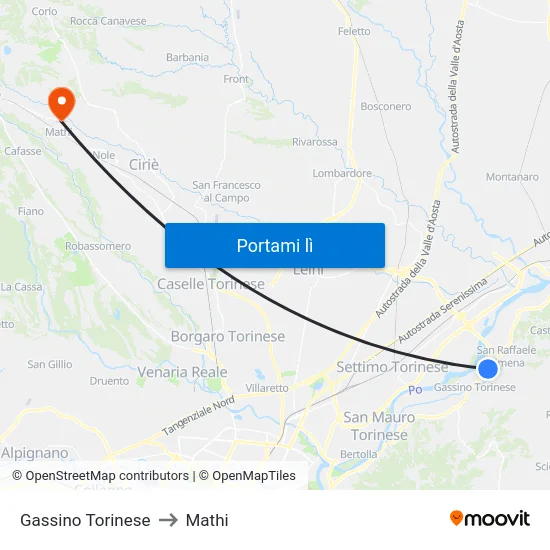 Gassino Torinese to Mathi map