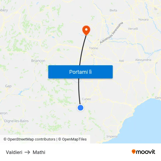 Valdieri to Mathi map