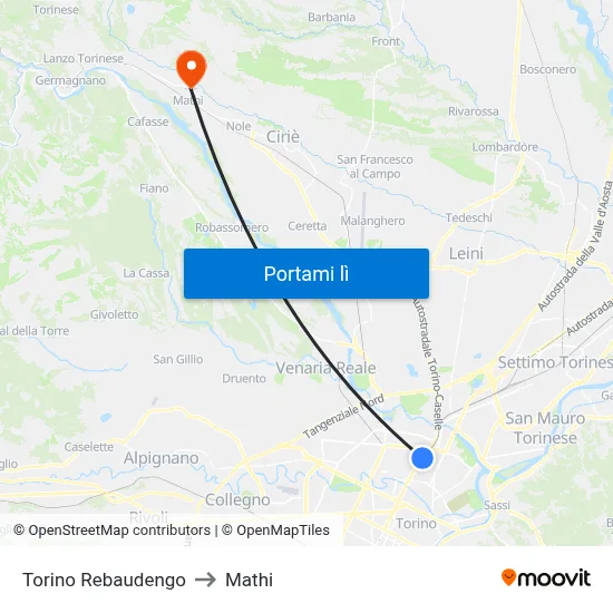 Torino Rebaudengo to Mathi map