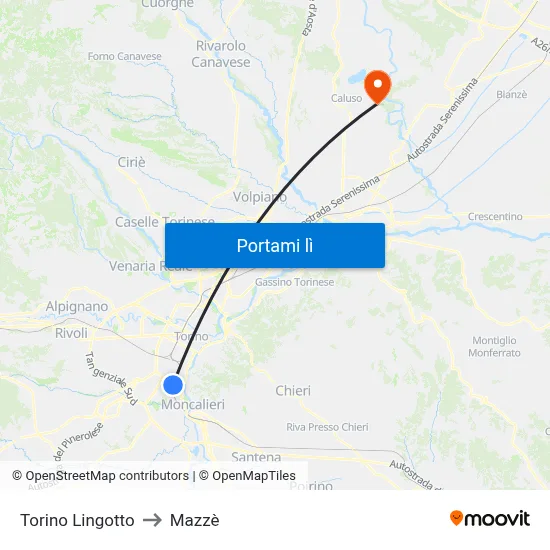 Torino Lingotto to Mazzè map